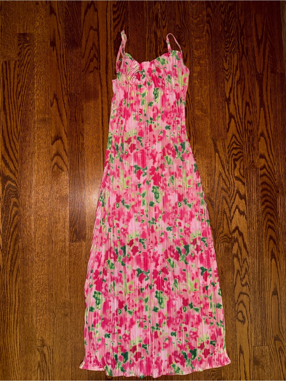Amazon Pink Floral Midi Dress with Green Accents